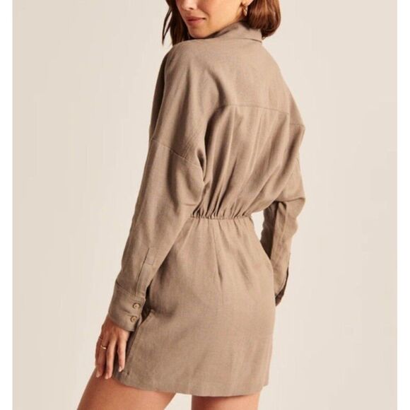 Abercrombie & Fitch Neutral Brown Linen Blend Mini Dress Minimalist Fall Chic - Picture 3 of 12